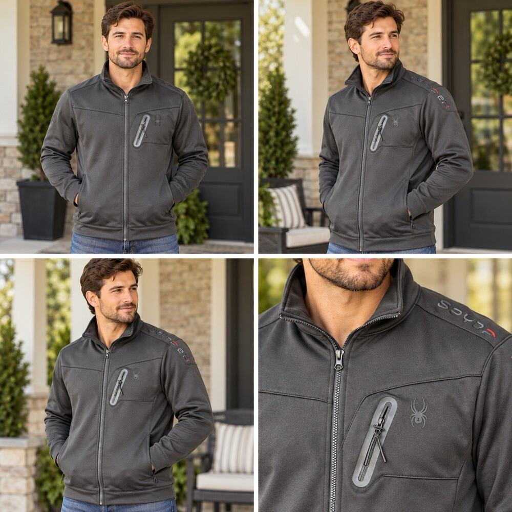 Spyder Active Jacket Mens Medium Gray Full Zip Stand Collar Athletic Stretch